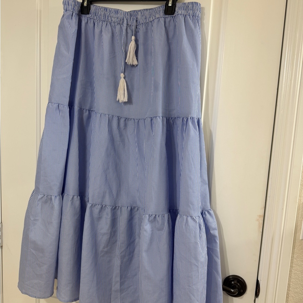 Light Blue and white oxford stripe Tiered Maxi Skirt with Tassel Drawstring